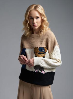 Camel-Ecru-Black Sweater with round neckline and with decorative patches Jean Louis Francoise - 37075