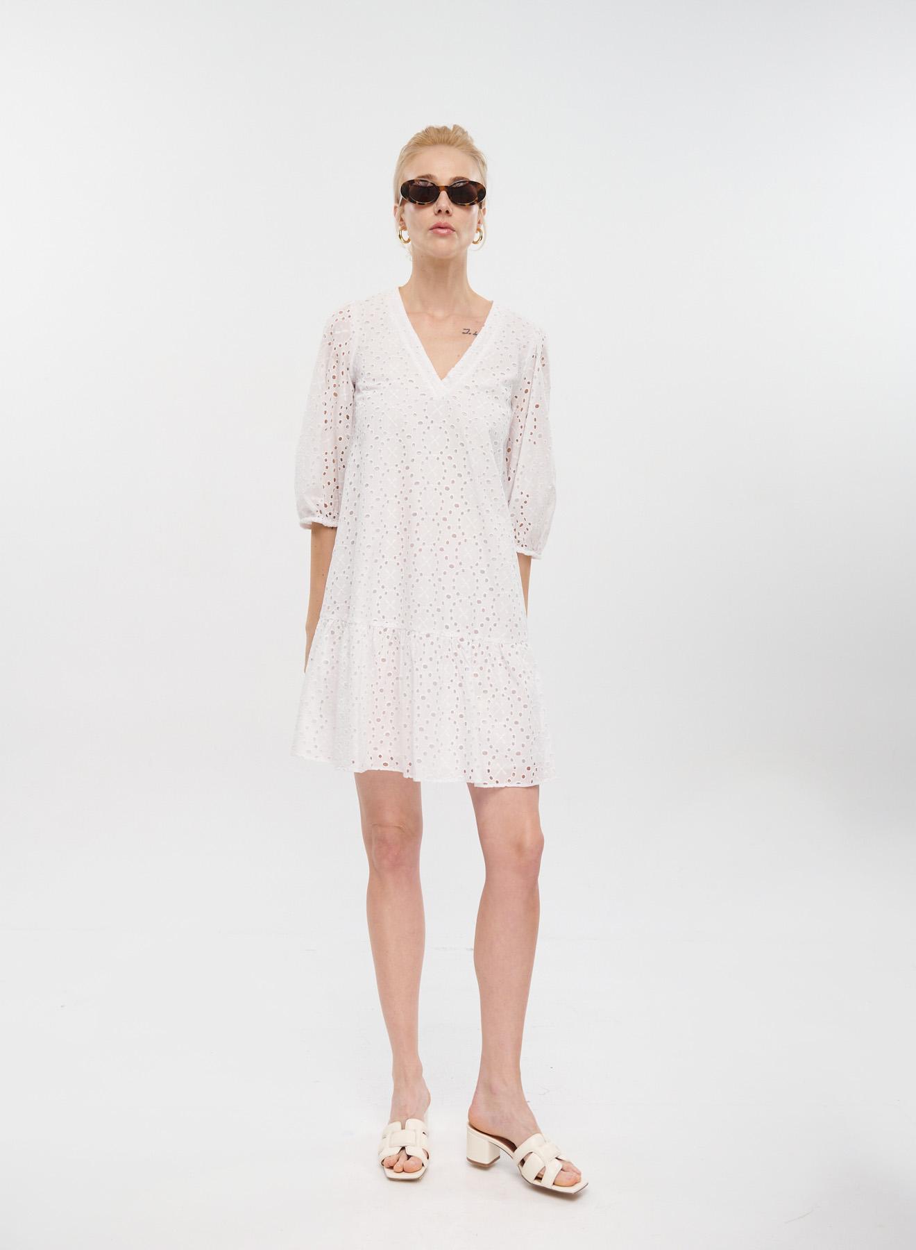 White Broderie dress with V-neck and three quarters sleeves Emme Marella - 1