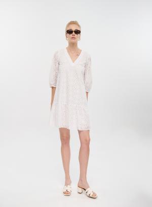 Λευκό Φόρεμα μπροντερί με τρία τέταρτα μανίκια και V λαιμόκοψη Emme Marella - 33840