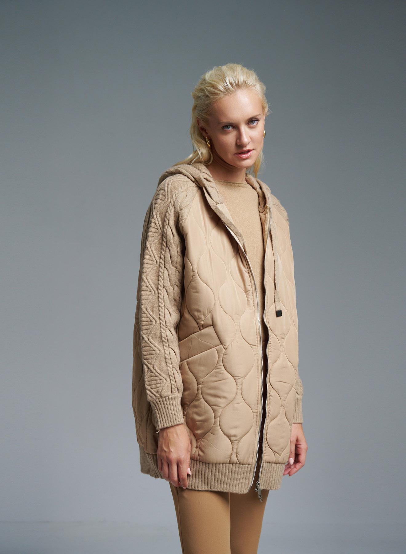 Beige long puffer Jacket with Knitted hood and sleeves Monte Cervino - 1