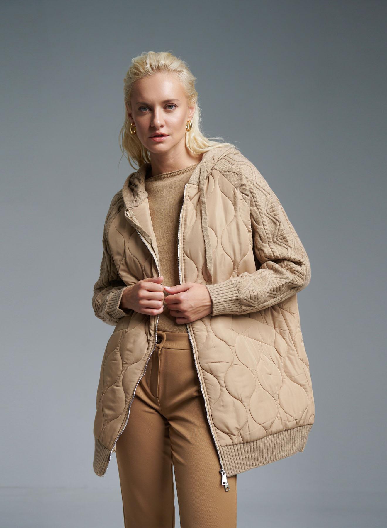 Beige long puffer Jacket with Knitted hood and sleeves Monte Cervino - 2