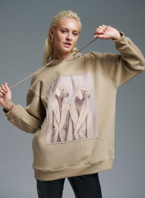 Beige printed Sweatshirt with hood Lara - 35853