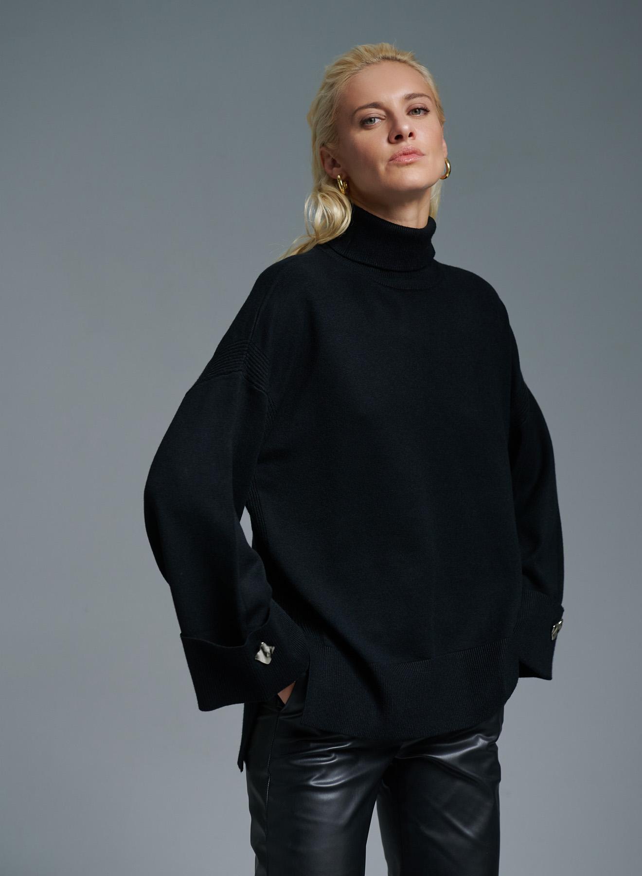 Black turtleneck Sweater with long sleeves with turn ups Lara - 1