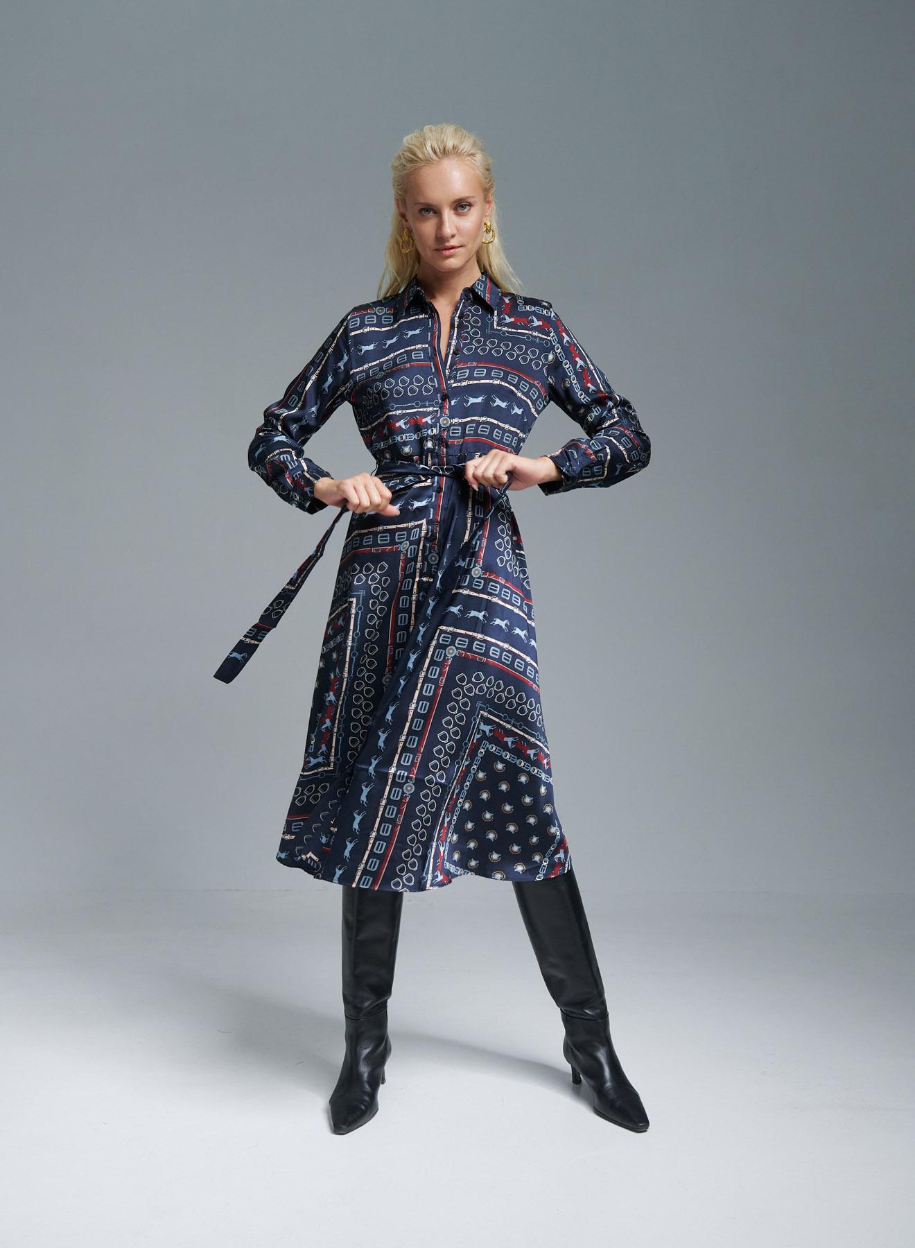 Navy Blue patterned Shirt Dress with belt Emme Marella - 5