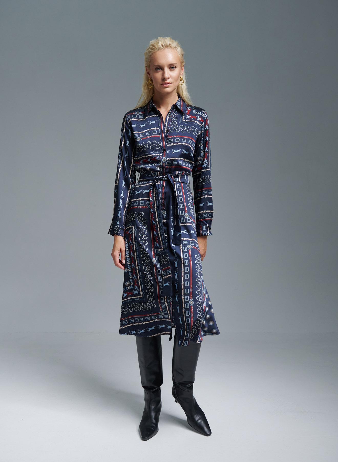 Navy Blue patterned Shirt Dress with belt Emme Marella - 1