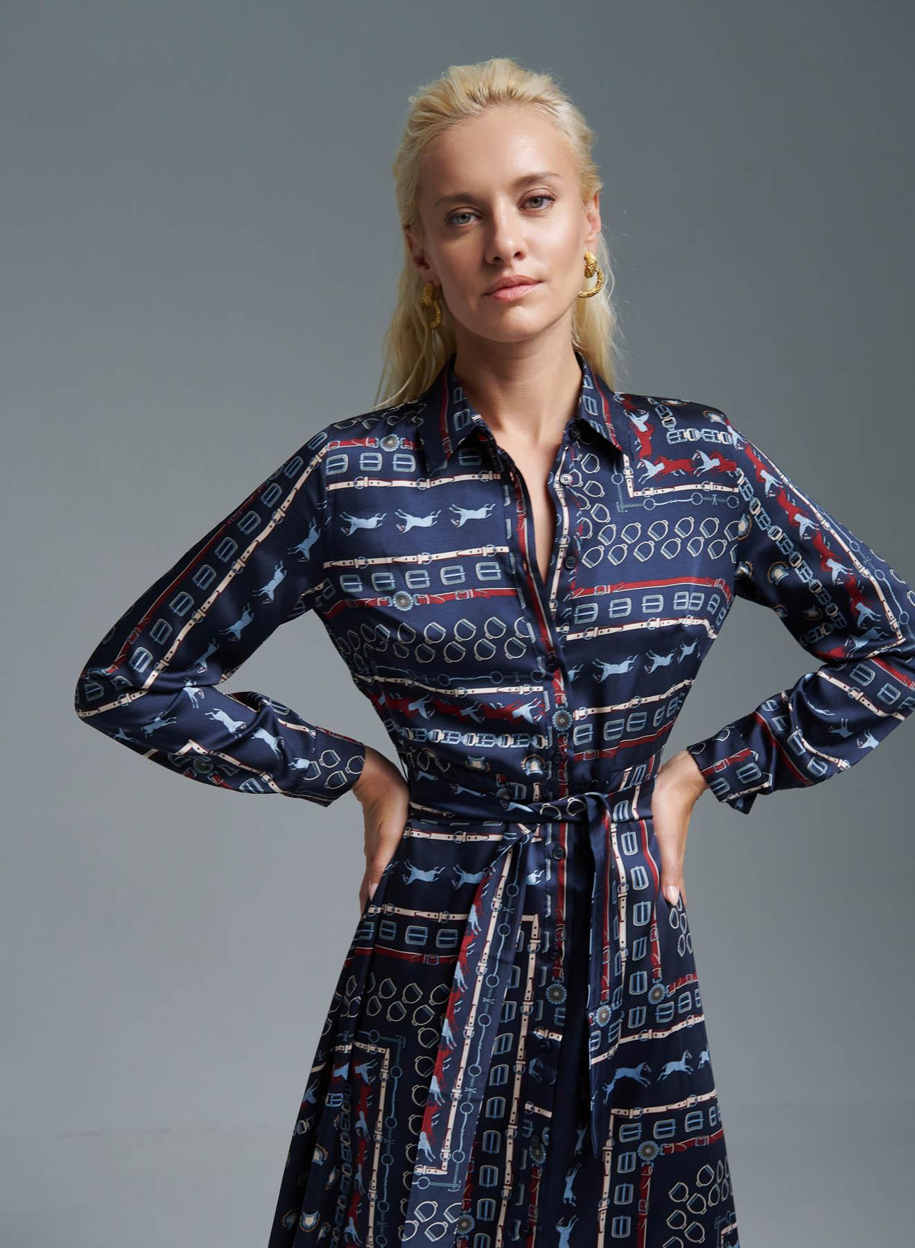 Navy Blue patterned Shirt Dress with belt Emme Marella - 2