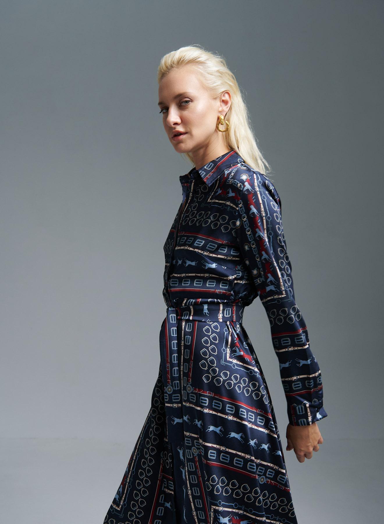 Navy Blue patterned Shirt Dress with belt Emme Marella - 3