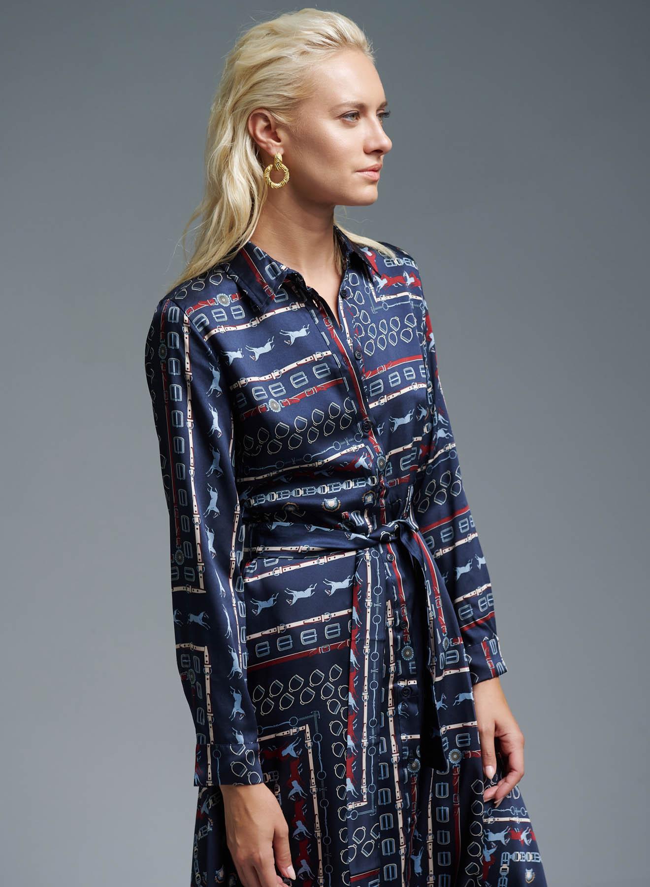 Navy Blue patterned Shirt Dress with belt Emme Marella - 5