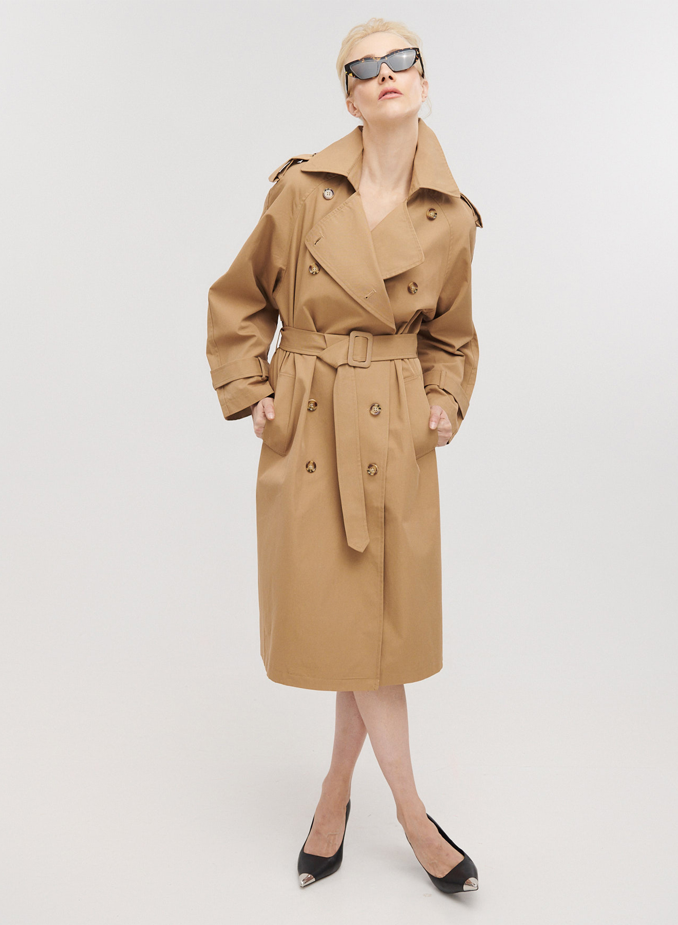 Καμπαρντίνα μακριά σταυροκούμπωτη με ζώνη - 0