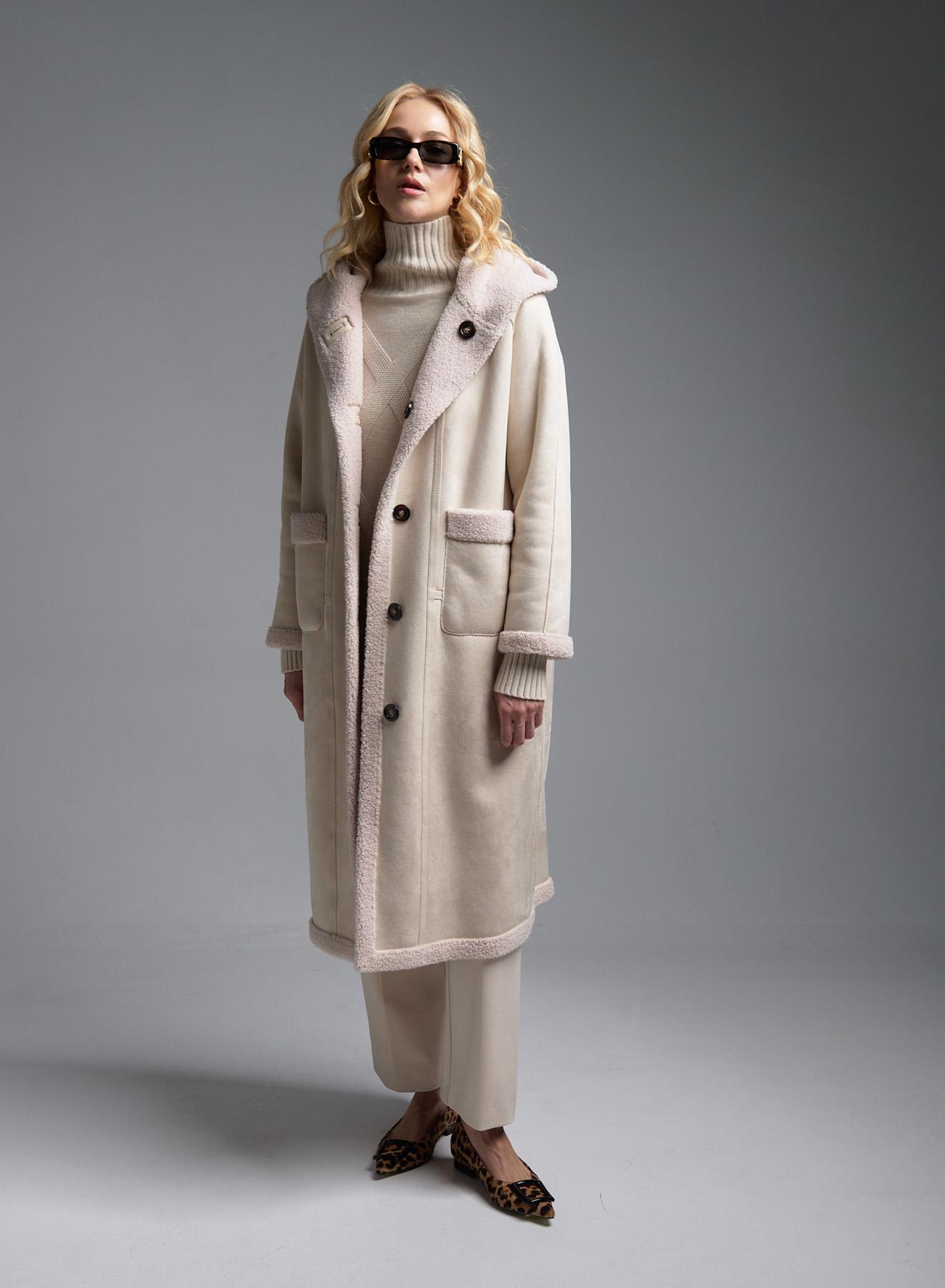 Ecru reversible Coat Mouton-Teddy with hood Emme Marella - 2