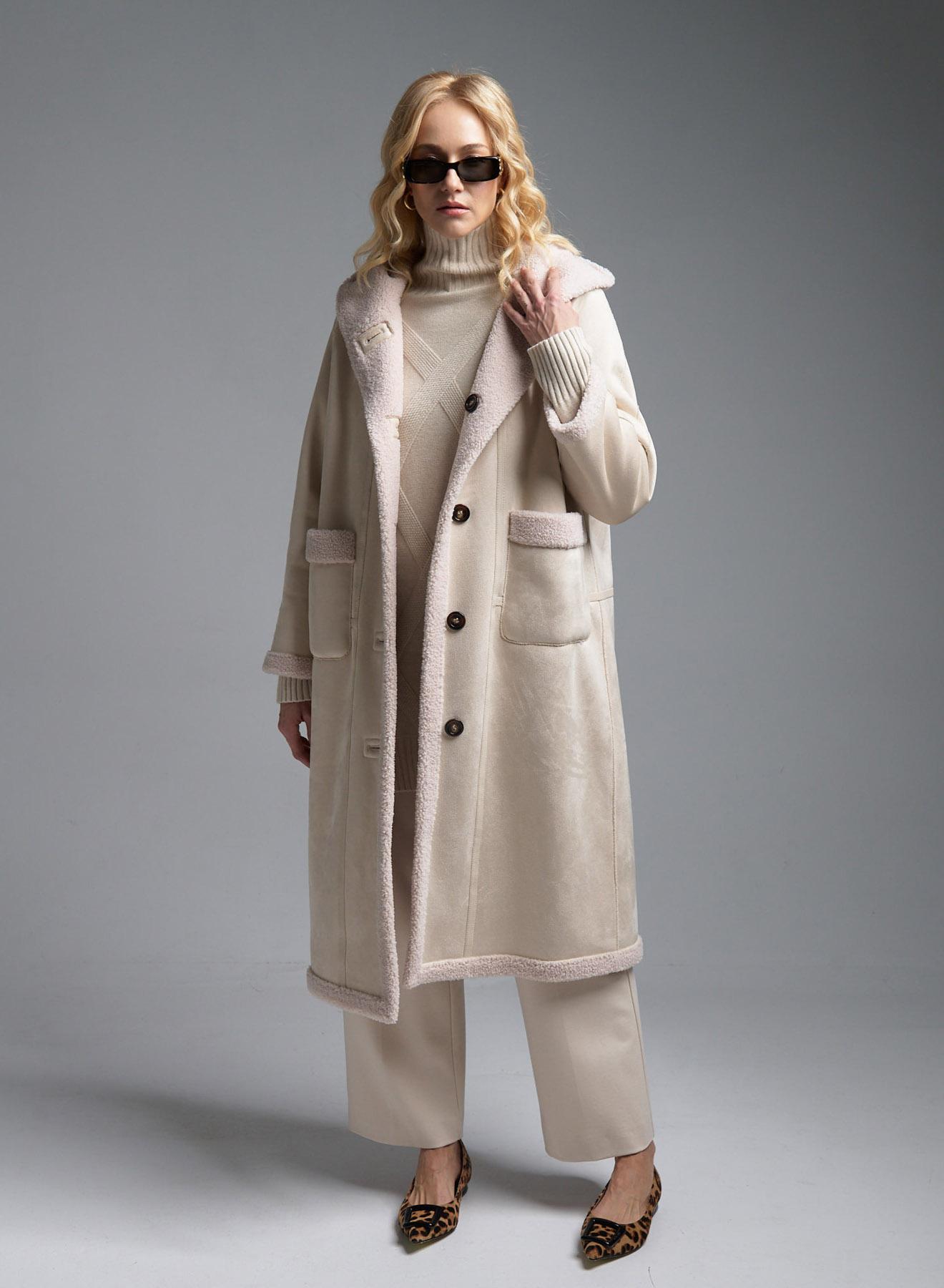 Ecru reversible Coat Mouton-Teddy with hood Emme Marella - 3