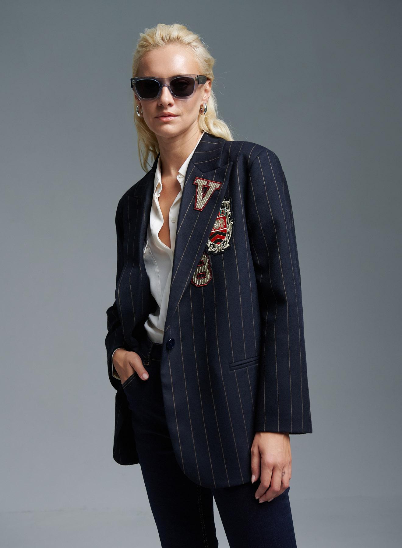 Dark Blue pinstriped Jacket with decorative stitched badges Vicolo  - 1