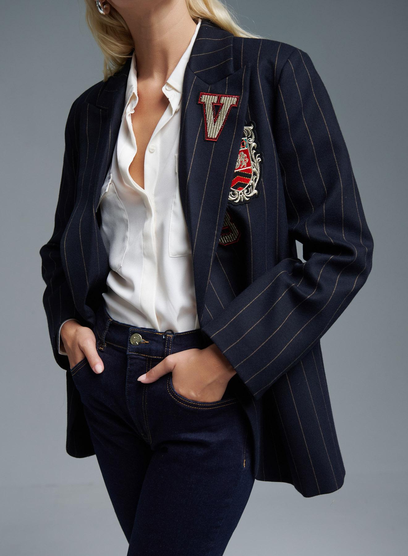 Dark Blue pinstriped Jacket with decorative stitched badges Vicolo  - 2