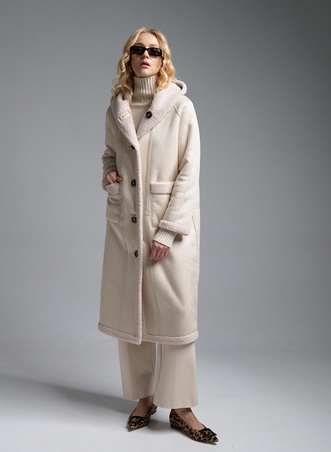 Ecru reversible Coat Mouton-Teddy with hood Emme Marella - 1