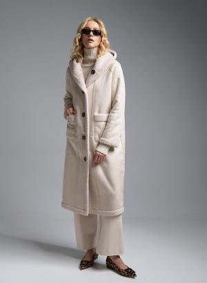 Ecru reversible Coat Mouton-Teddy with hood Emme Marella - 36761