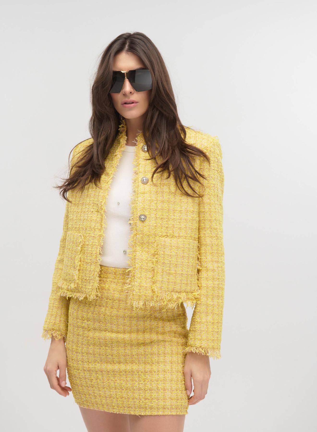 Yellow tweed Jacket with round neckline, external pockets and with golden buttons with rhinestones Vicolo - 3