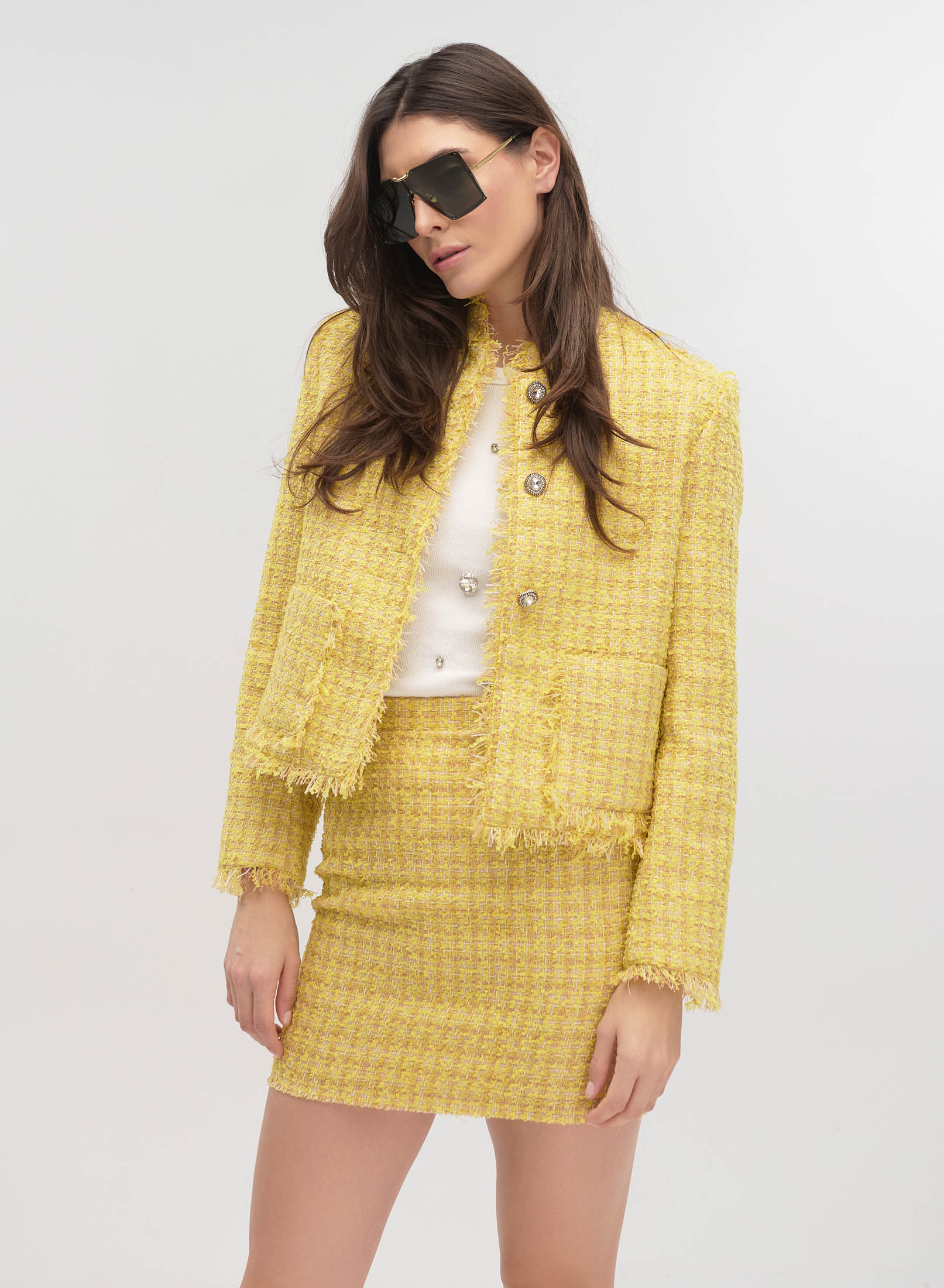 Yellow tweed Jacket with round neckline, external pockets and with golden buttons with rhinestones Vicolo - 0