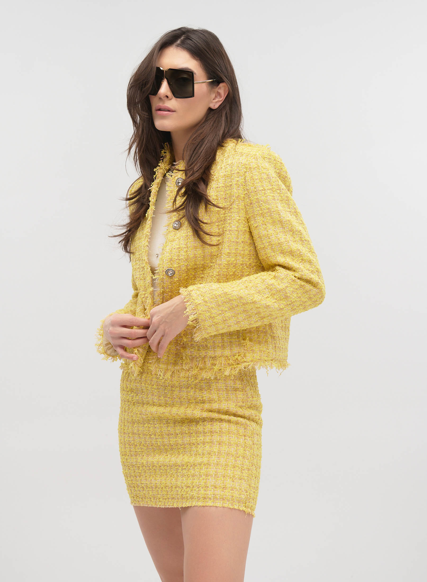 Yellow tweed Jacket with round neckline, external pockets and with golden buttons with rhinestones Vicolo - 1