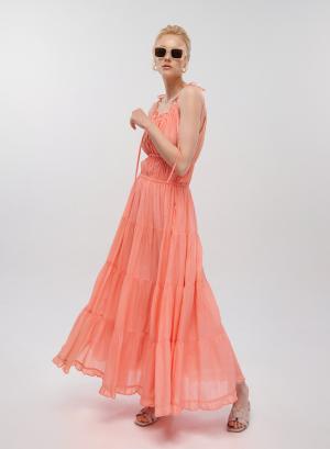 Κοραλί μακρύ αμάνικο Φόρεμα voile "VALERIA" Devotion Twins - 32756