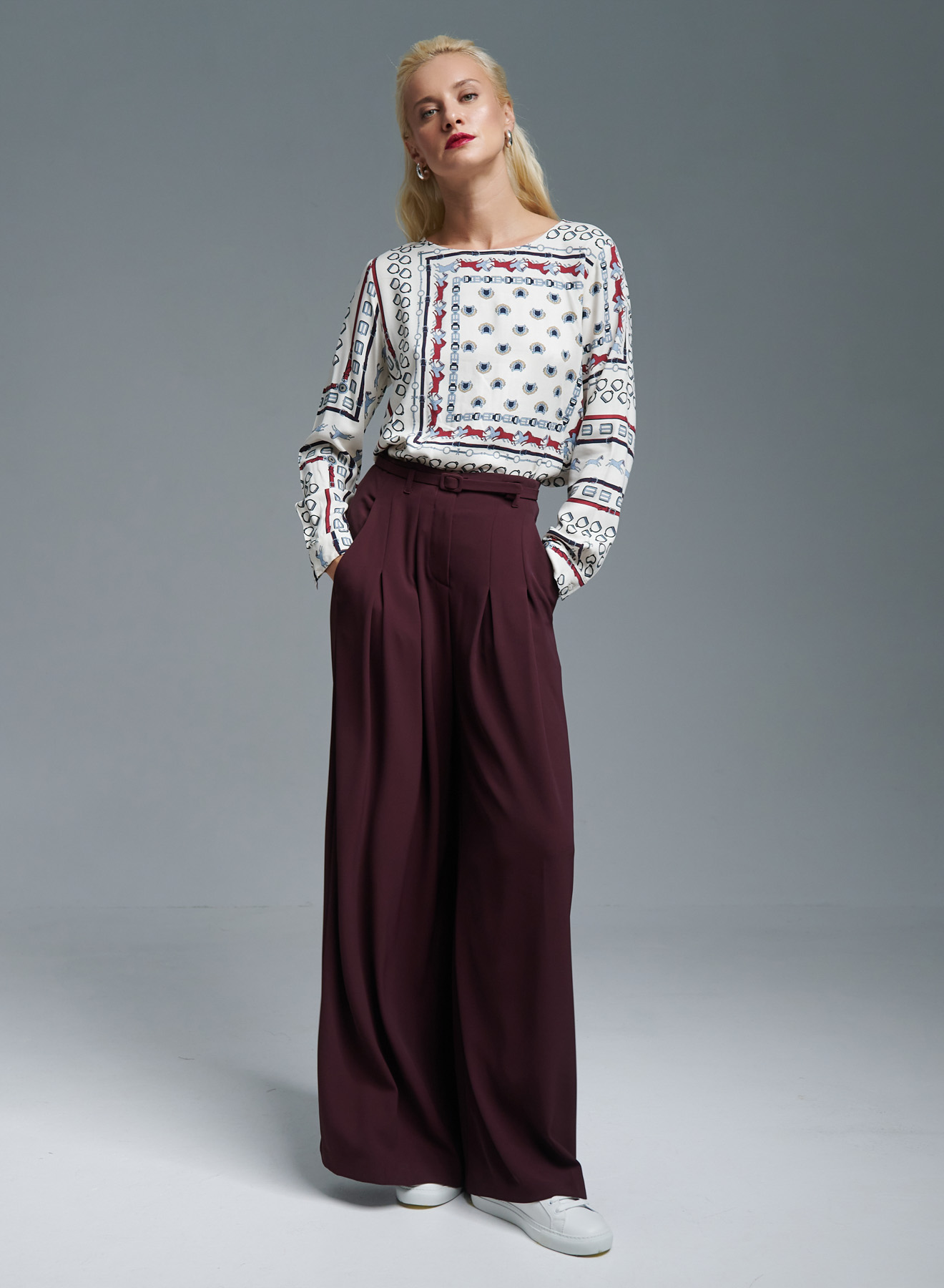 Bordeaux Wide legs palazzo Trousers with belt and pleats Imperial - 0