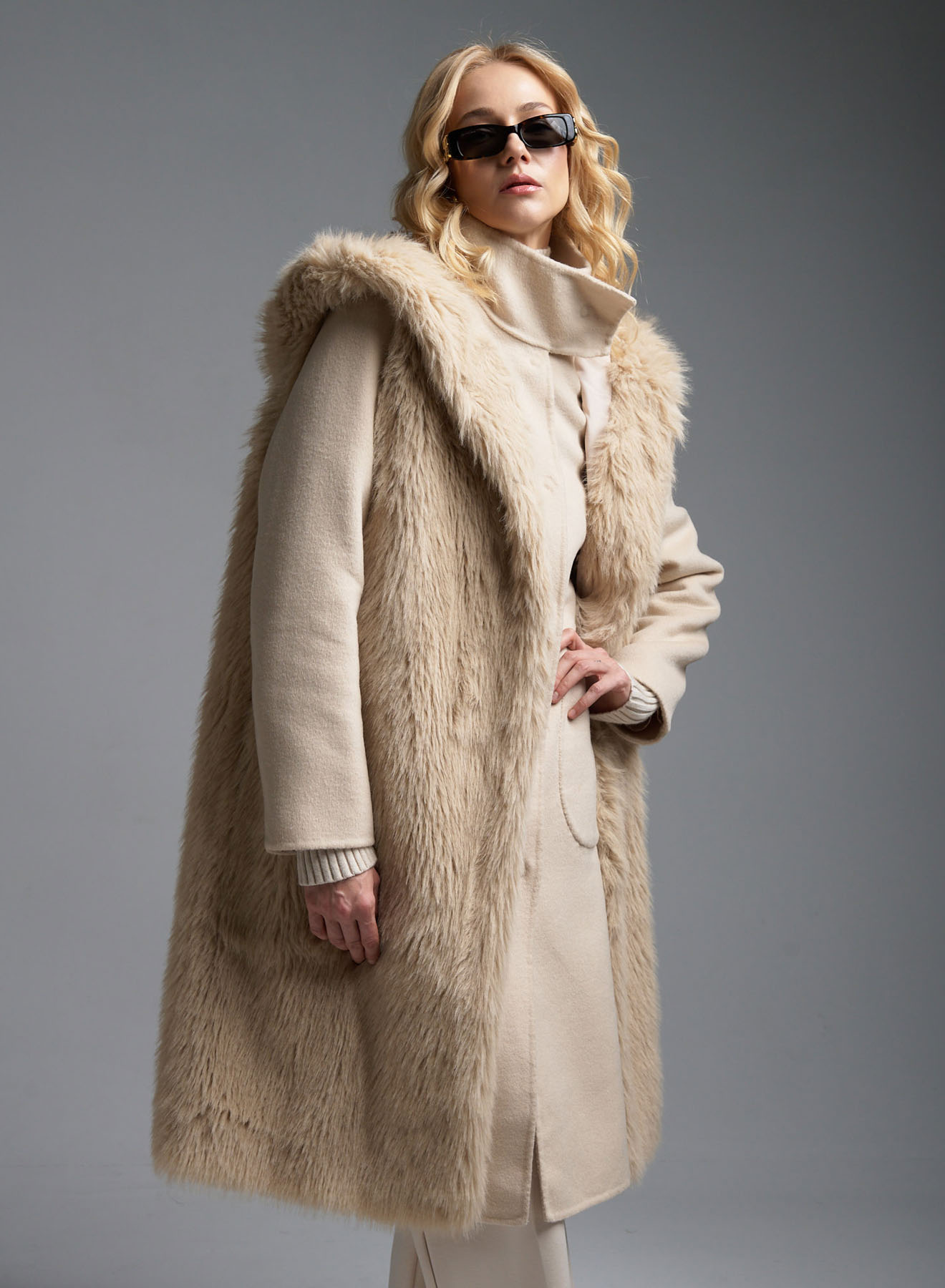 Ecru Coat with detachable eco fur Vest Vicolo - 2