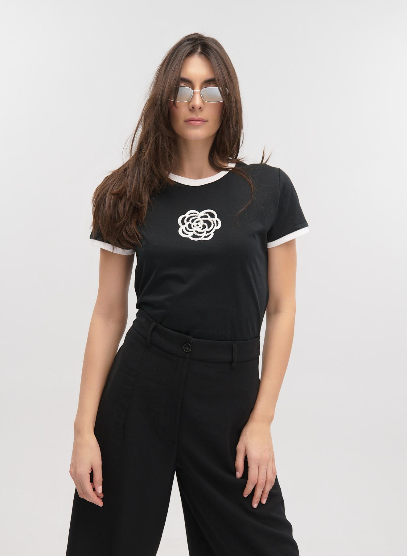 Μαύρο-Λευκό βαμβακερό T-Shirt με παγιέτες Lara - 3