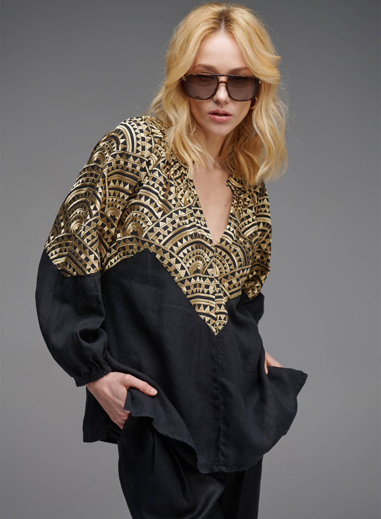 Black-Gold new All Over Linen Blouse with puffy long sleeves and with V neckline Greek Archaic Kori - 6