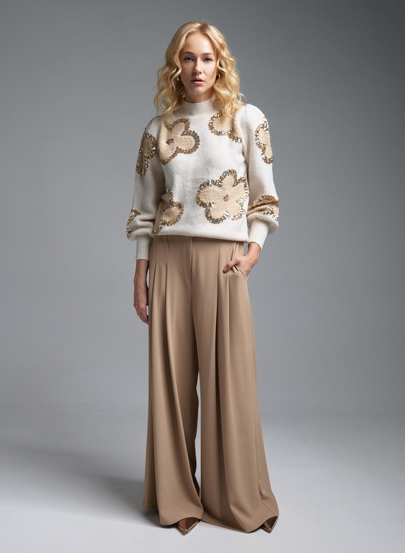 Beige Wide legs palazzo Trousers with belt and pleats Imperial - 1