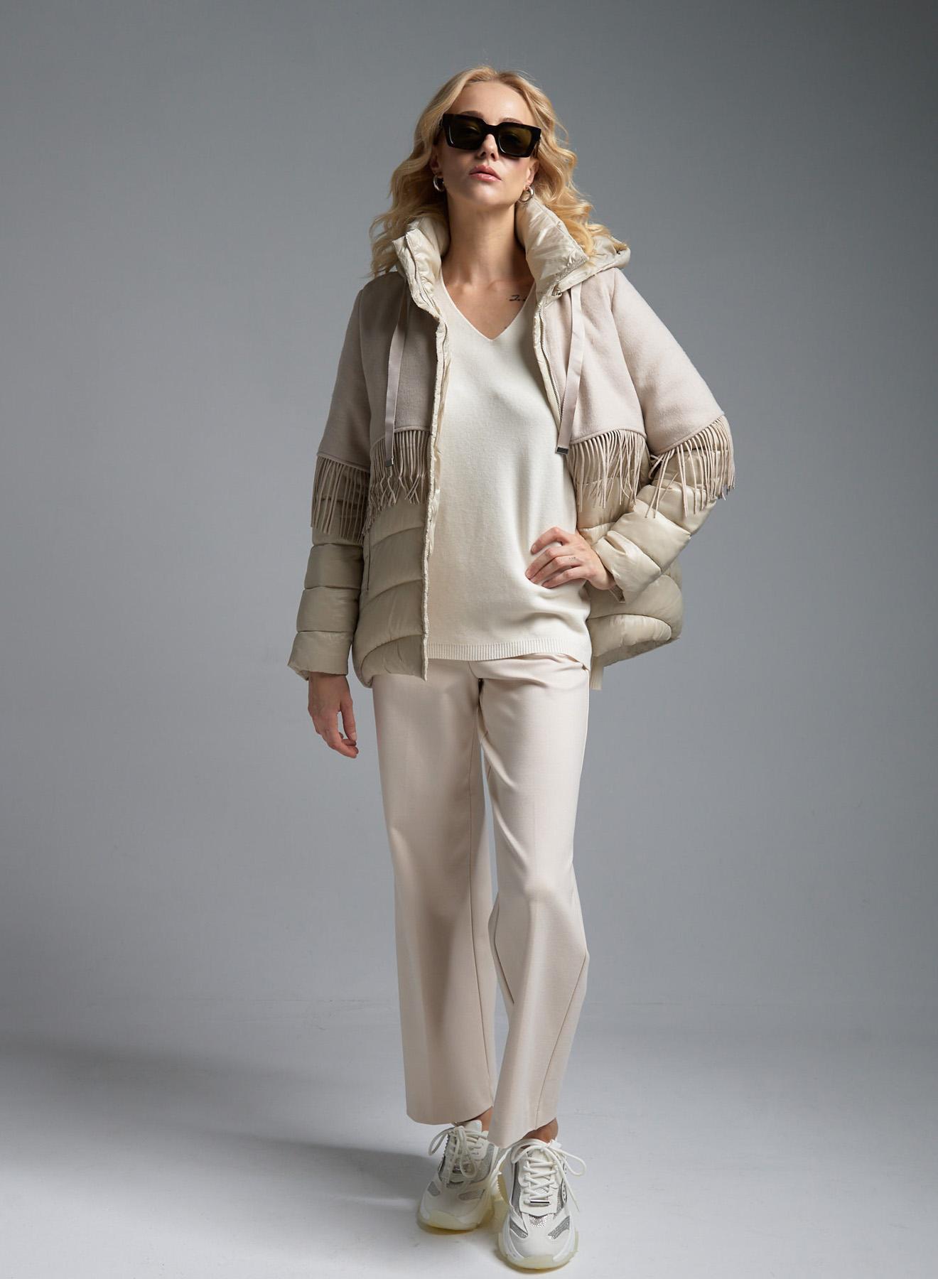 Cream puffer Jacket with fabric with fringes and with detachable hood Fly Luxury - 4