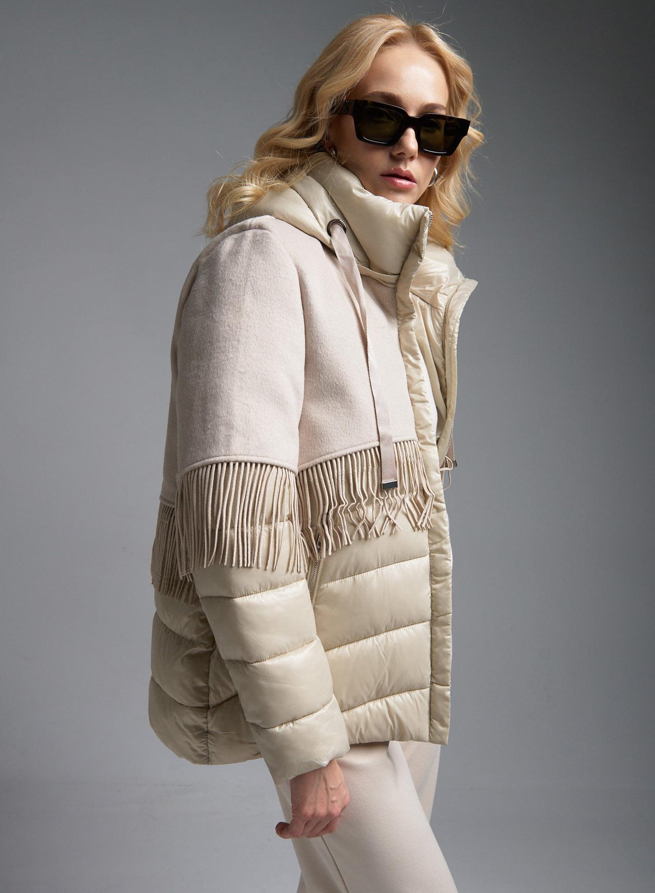 Cream puffer Jacket with fabric with fringes and with detachable hood Fly Luxury - 5