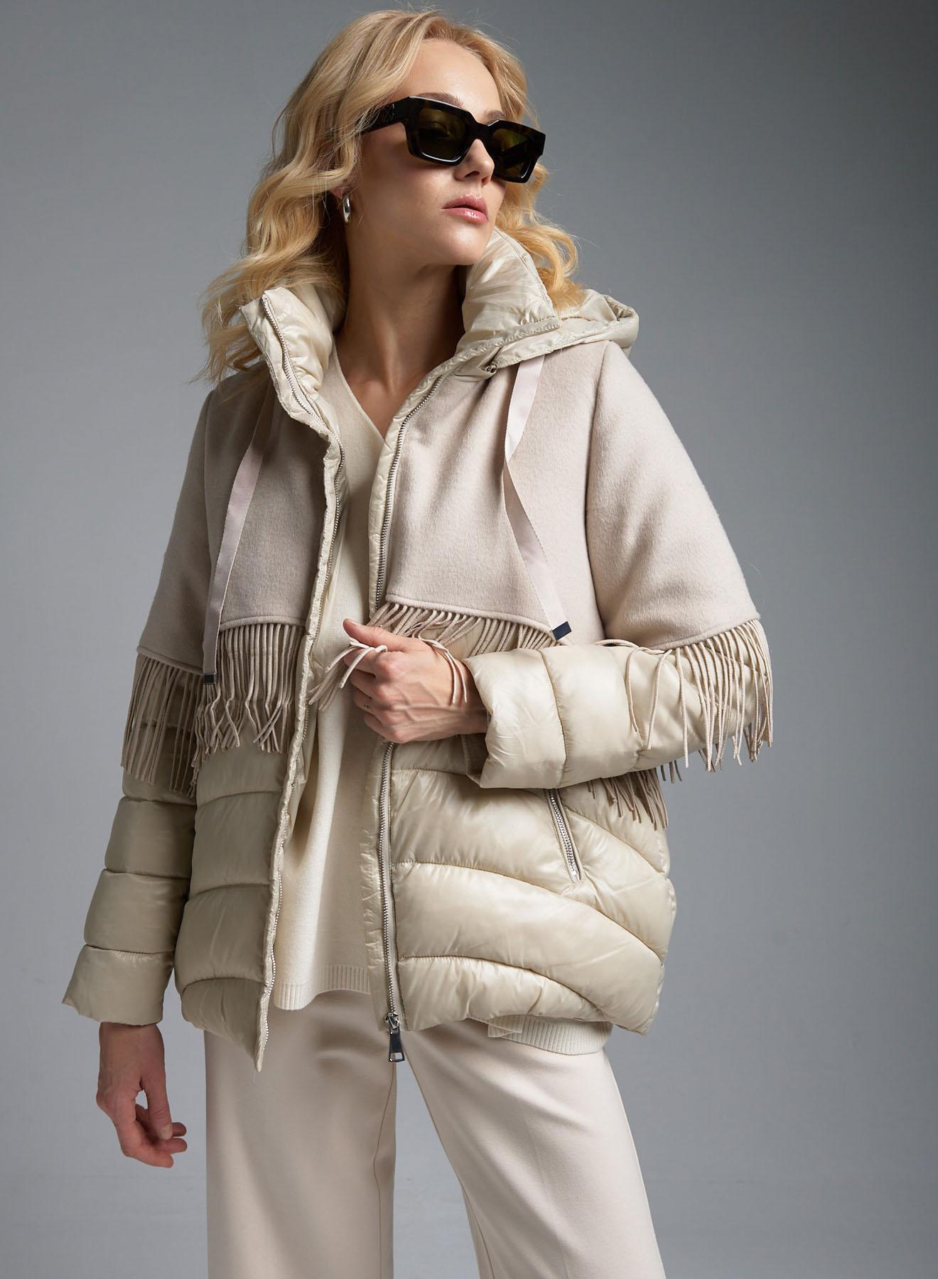 Cream puffer Jacket with fabric with fringes and with detachable hood Fly Luxury - 1