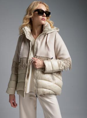 Cream puffer Jacket with fabric with fringes and with detachable hood Fly Luxury - 37744