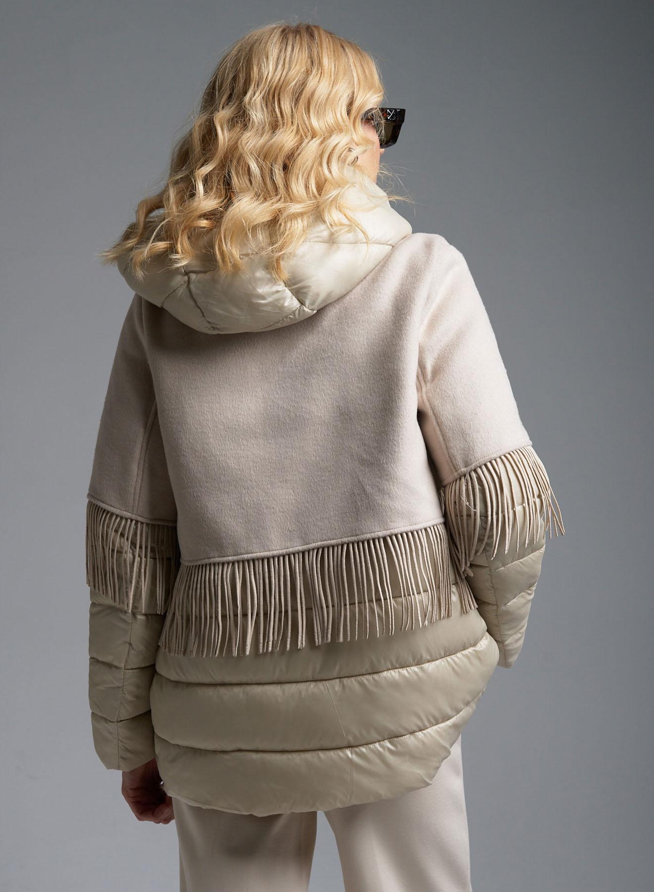 Cream puffer Jacket with fabric with fringes and with detachable hood Fly Luxury - 3