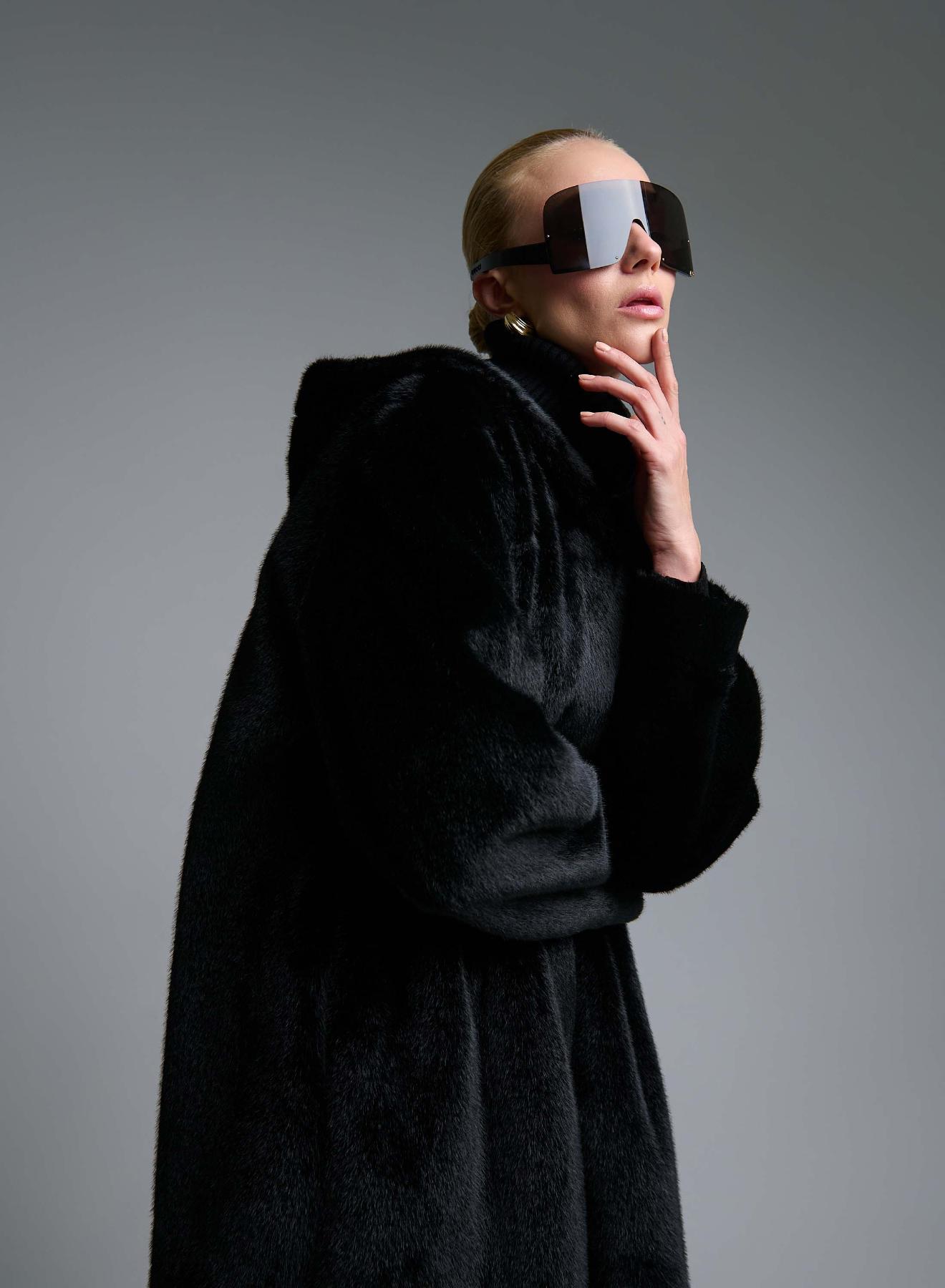 Black reversible Coat, Mouton-eco Fur, with hood Emme Marella - 5