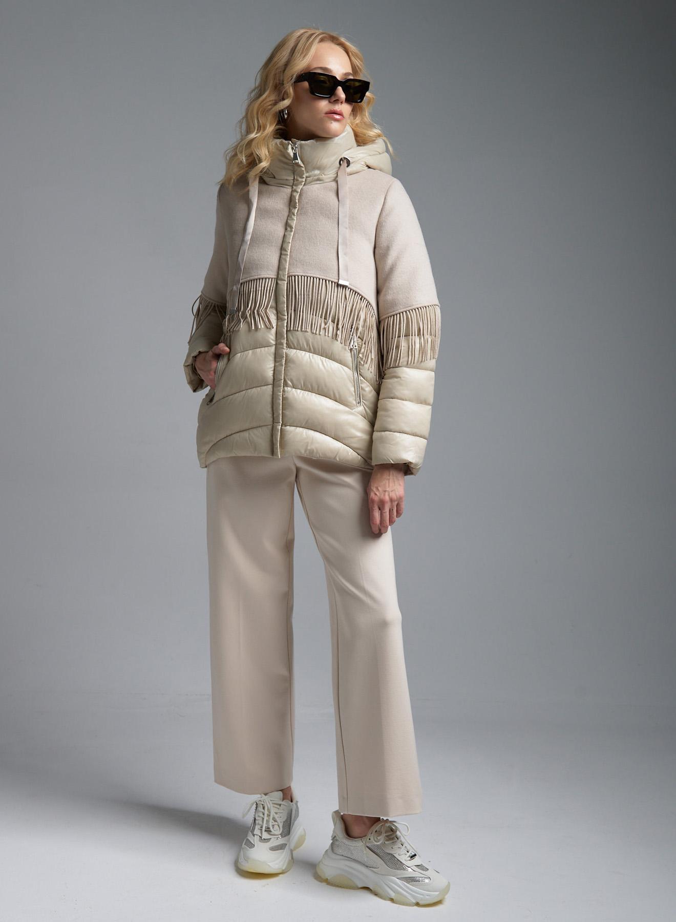 Cream puffer Jacket with fabric with fringes and with detachable hood Fly Luxury - 2