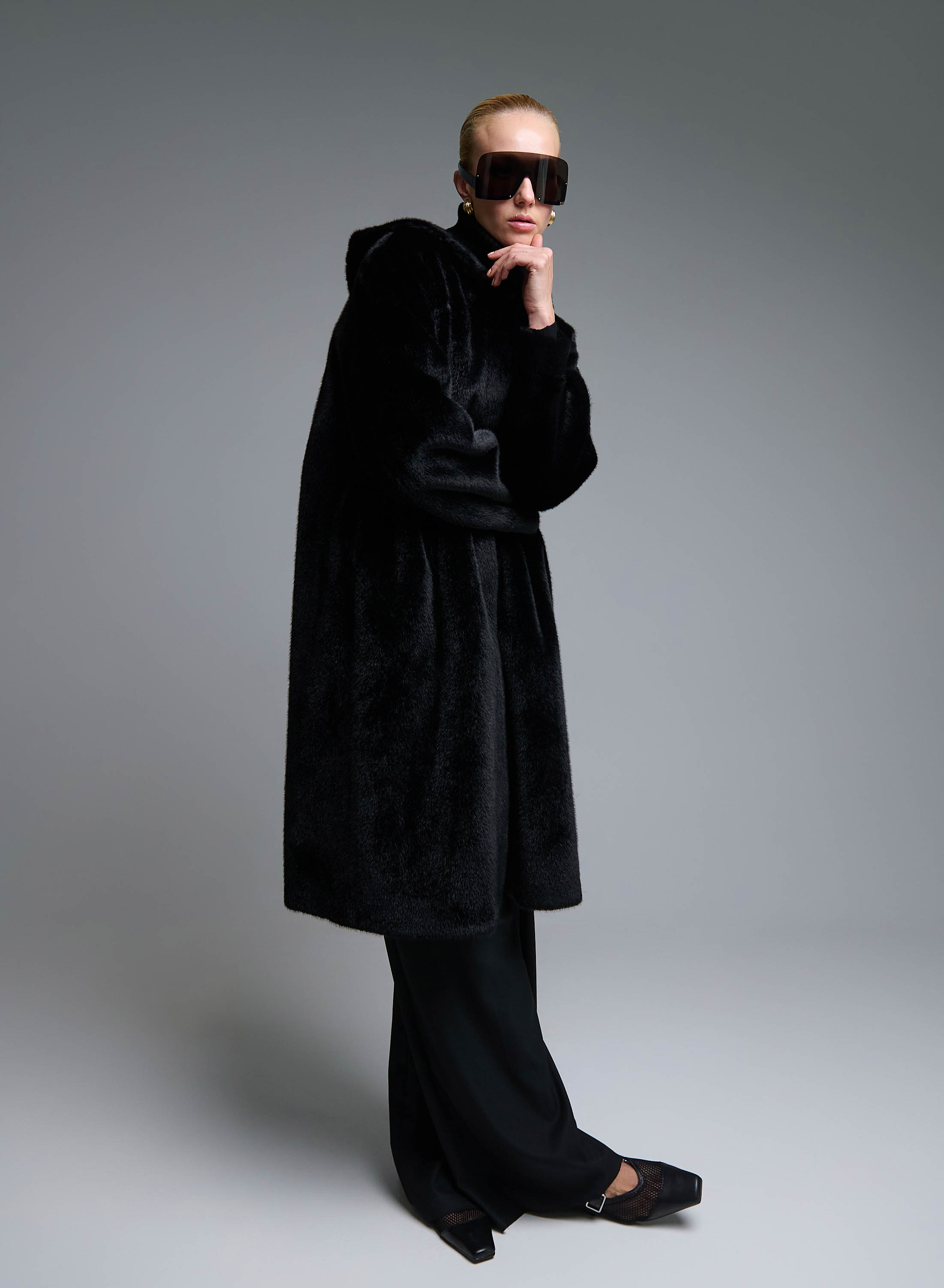 Black reversible Coat, Mouton-eco Fur, with hood Emme Marella - 5