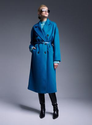 Long oversized solid-colour double-breasted coat with belt - 25487