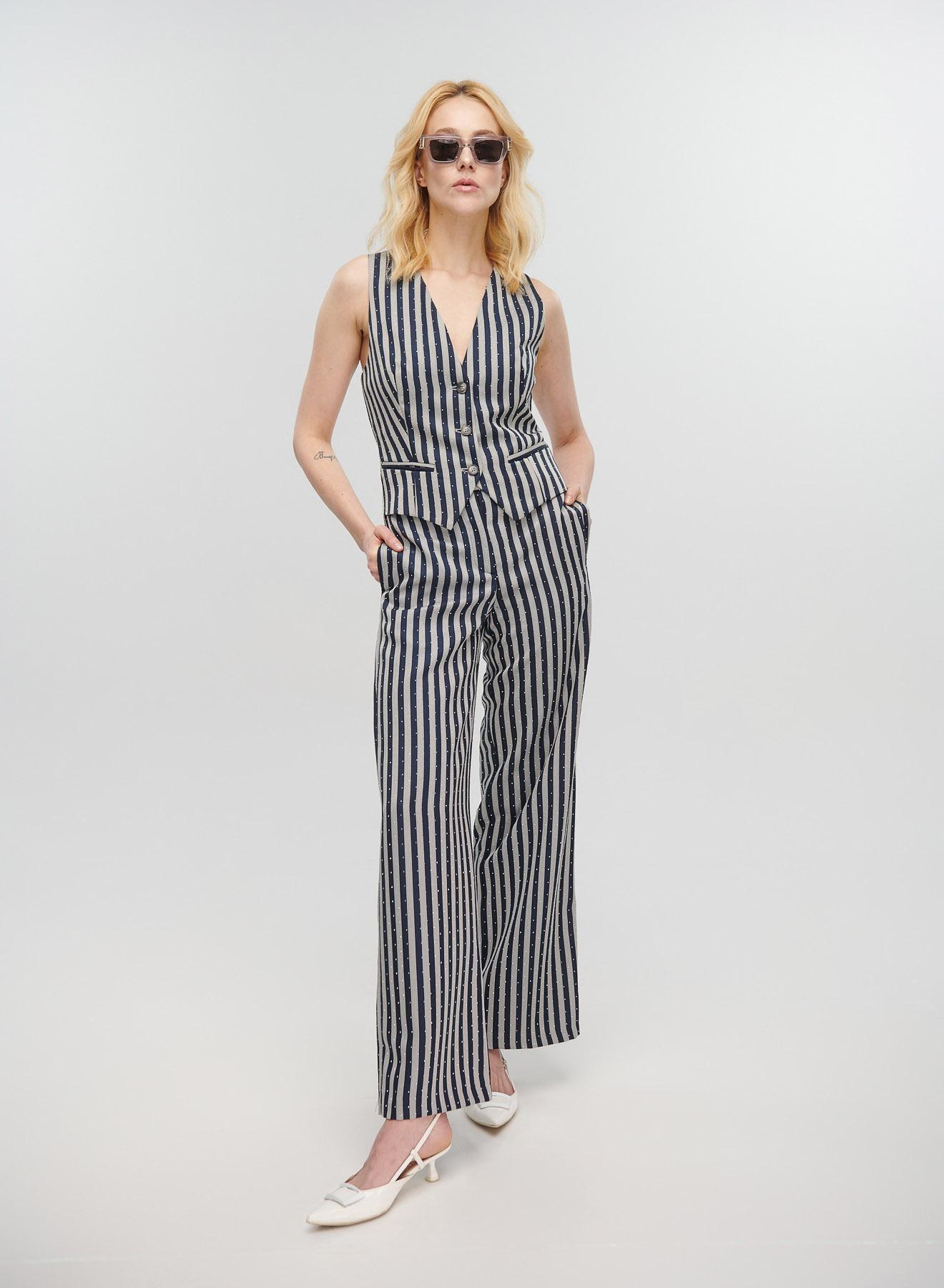 Grey-Blue striped, straight fit Trousers with rhinestones Vicolo - 1