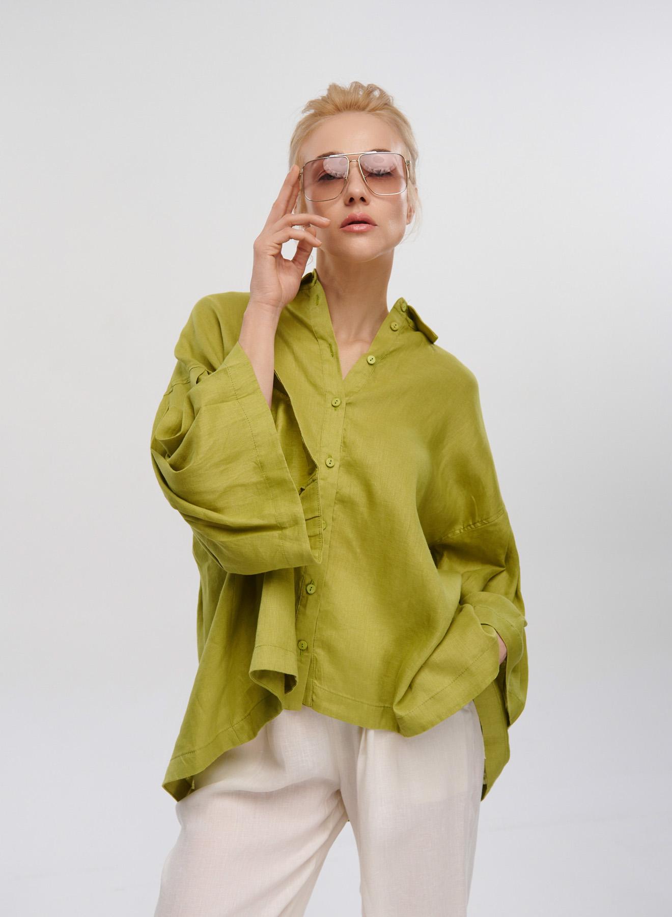 Green linen Shirt with long sleeves "LIANA" Devotion Twins - 4