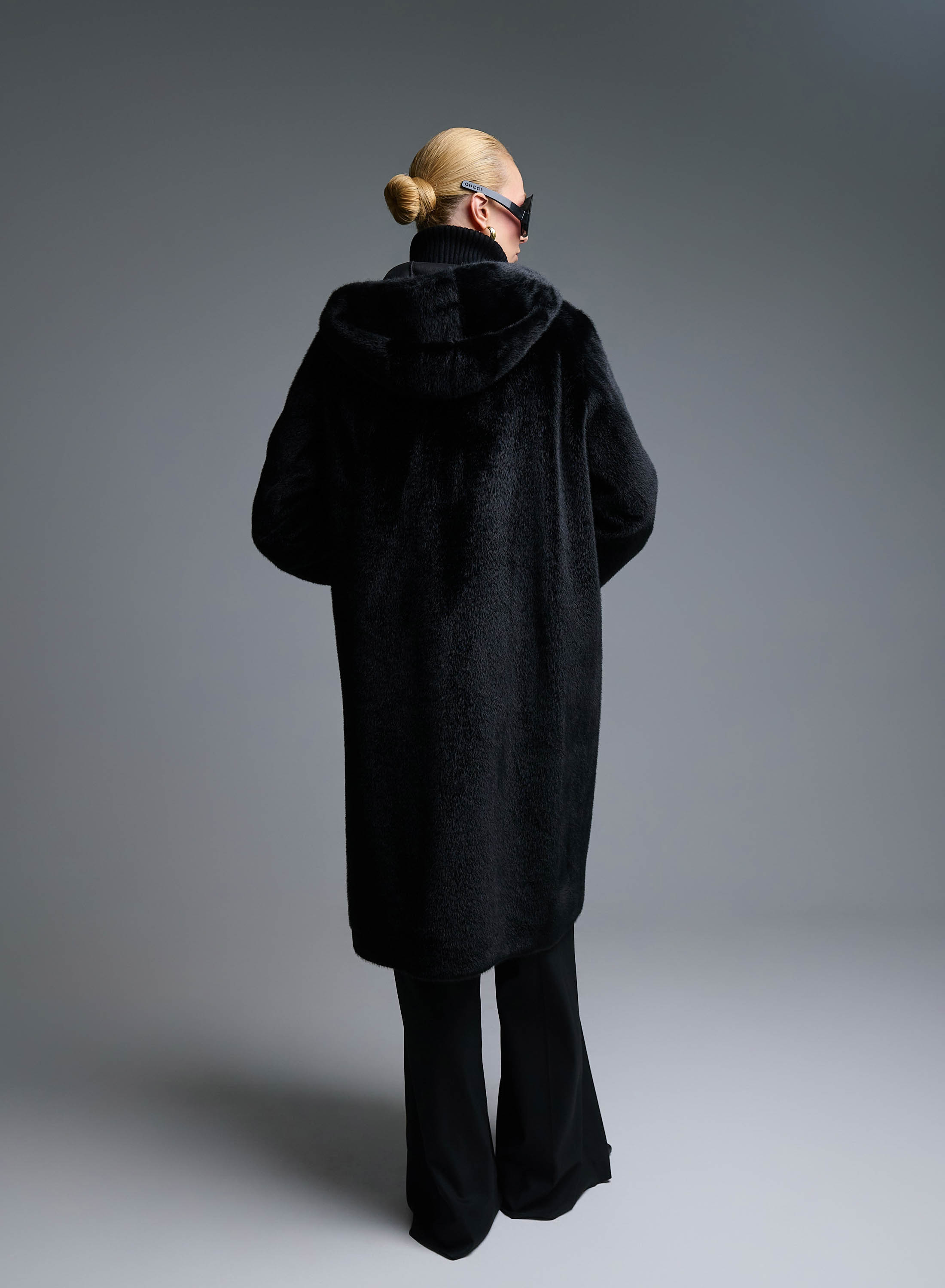 Black reversible Coat, Mouton-eco Fur, with hood Emme Marella - 7