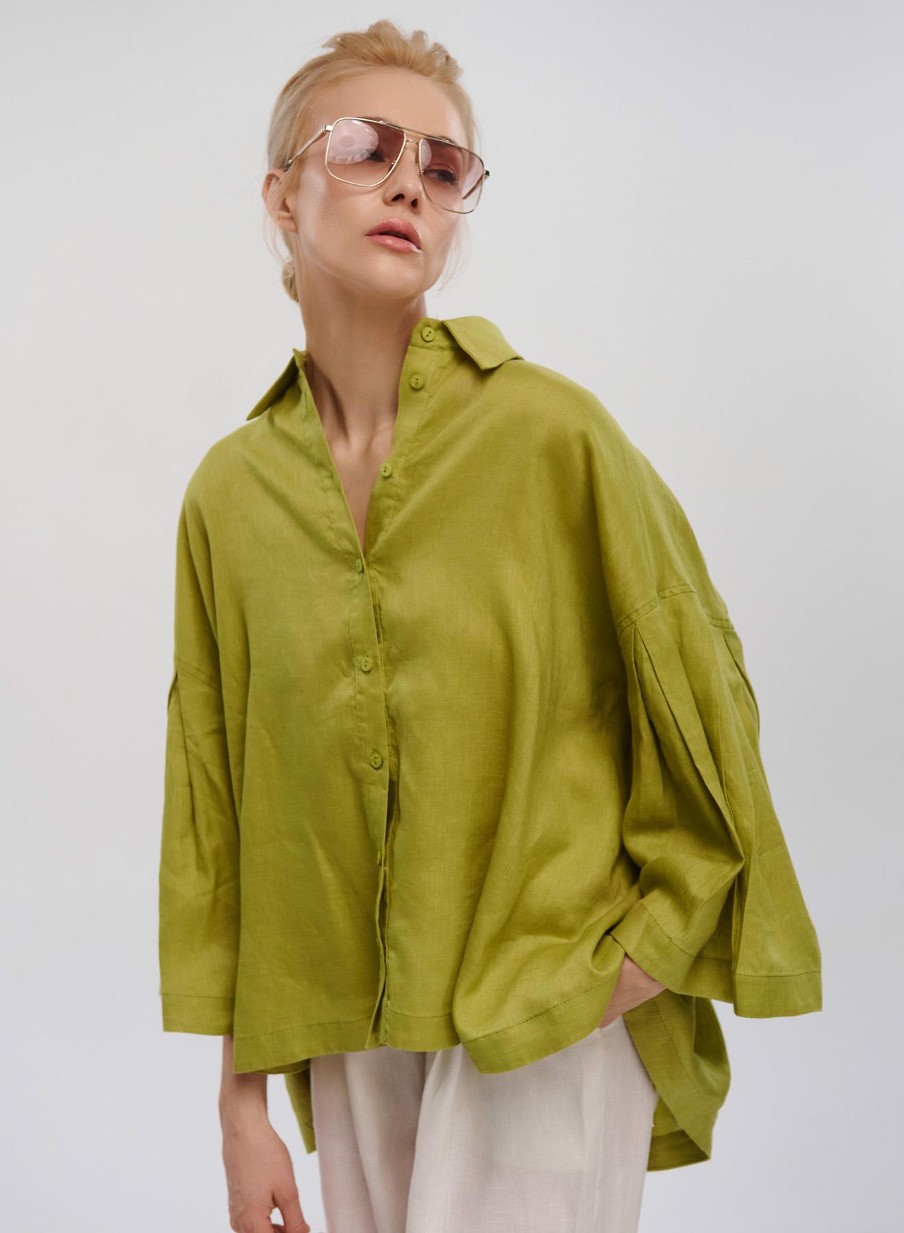 Green linen Shirt with long sleeves "LIANA" Devotion Twins - 1