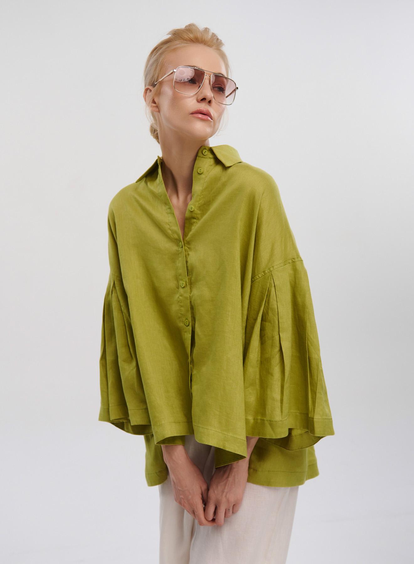 Green linen Shirt with long sleeves "LIANA" Devotion Twins - 2