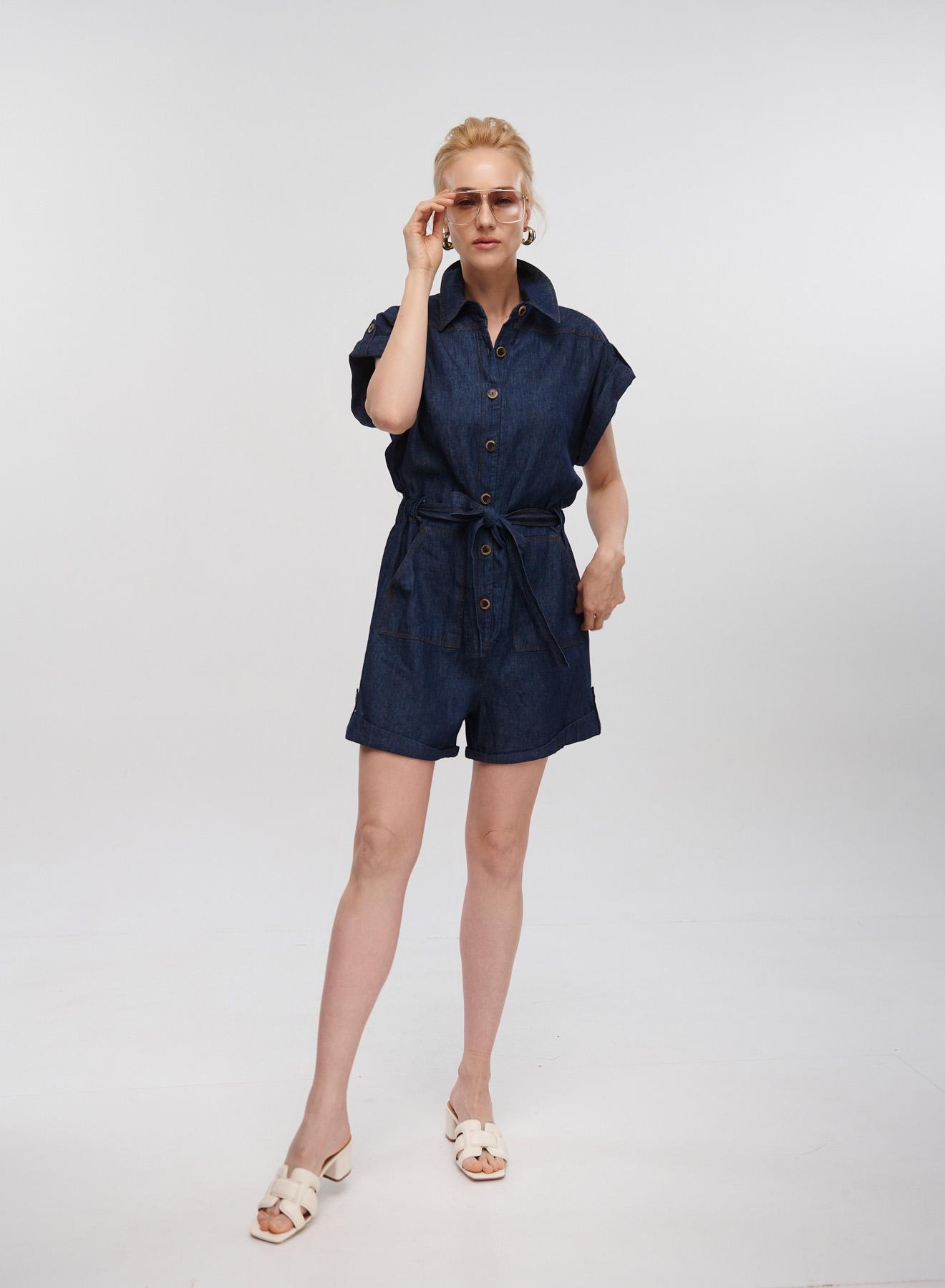 Dark Blue short Denim Jumpsuit with same fabric belt Milla - 2