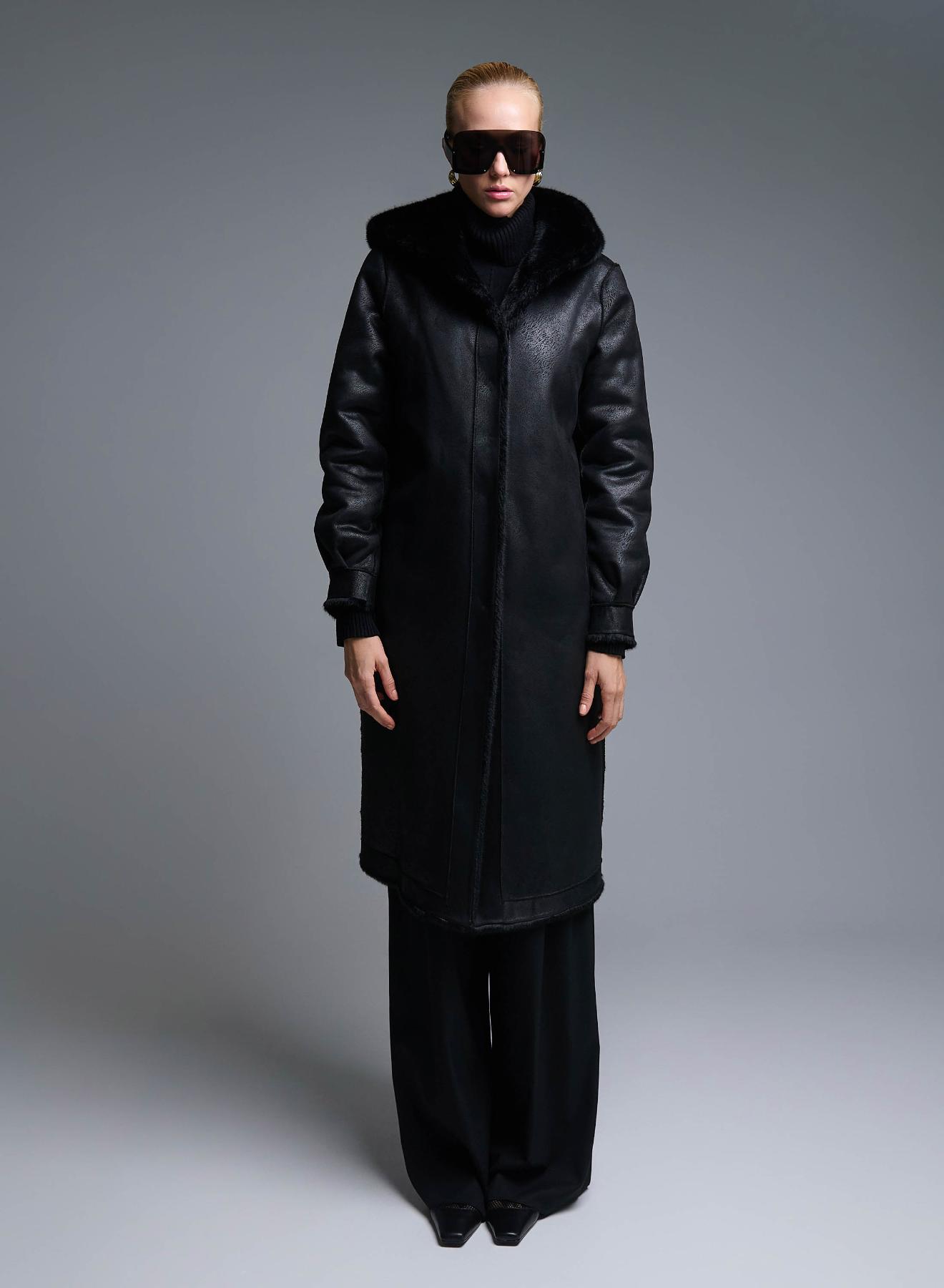 Black reversible Coat, Mouton-eco Fur, with hood Emme Marella - 1
