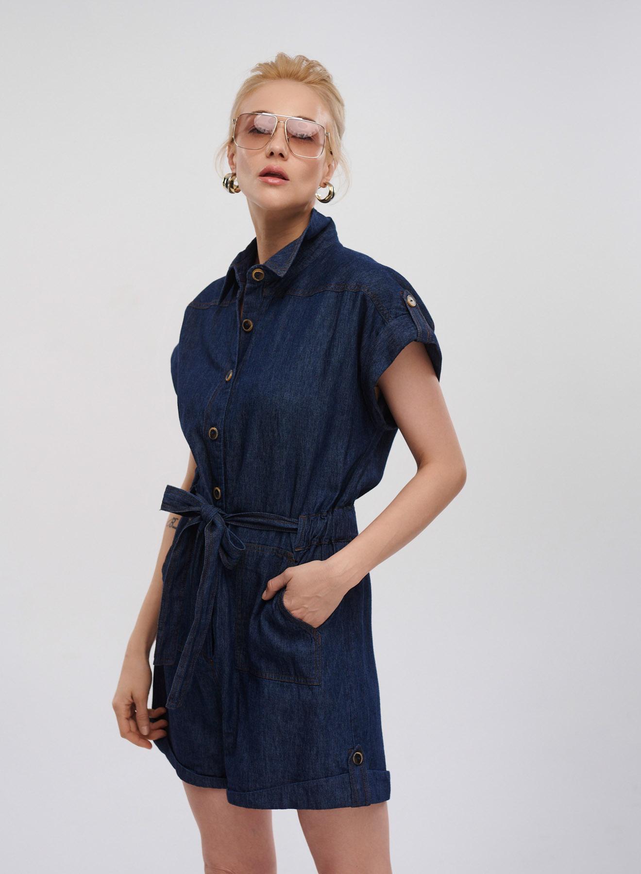 Dark Blue short Denim Jumpsuit with same fabric belt Milla - 1