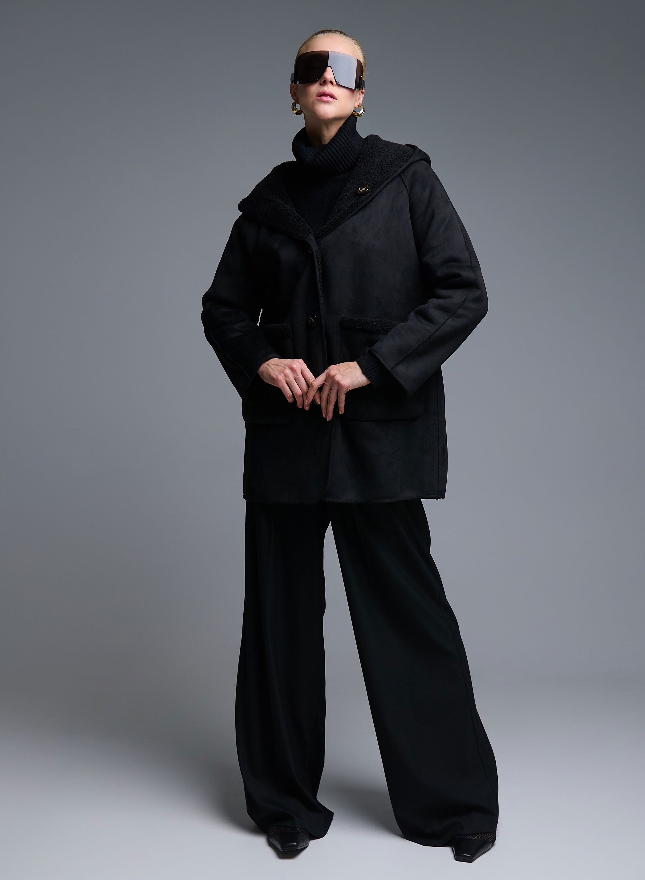 Black reversible Overcoat Mouton-Eco Fur with hood Emme Marella - 1