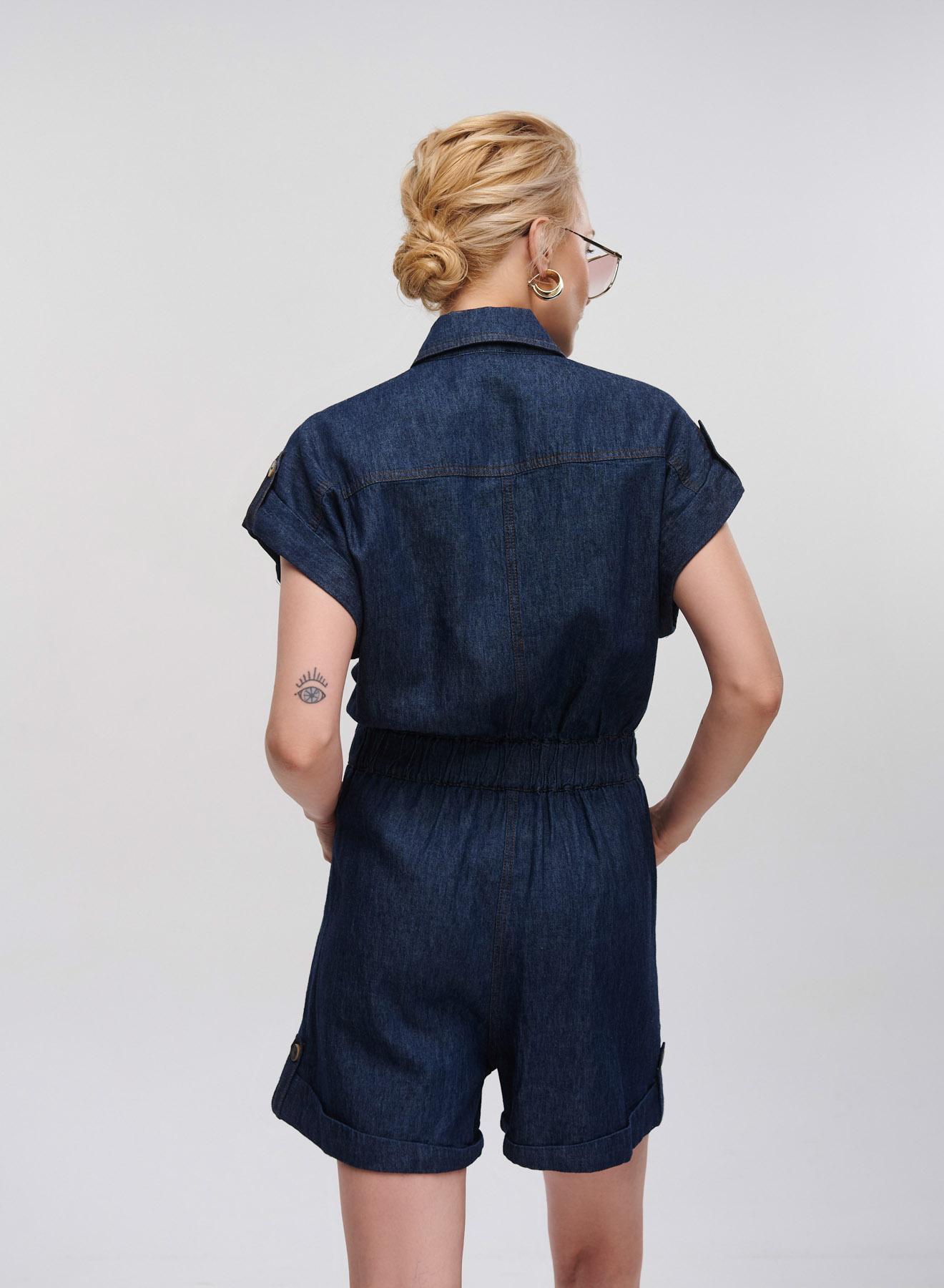 Dark Blue short Denim Jumpsuit with same fabric belt Milla - 3