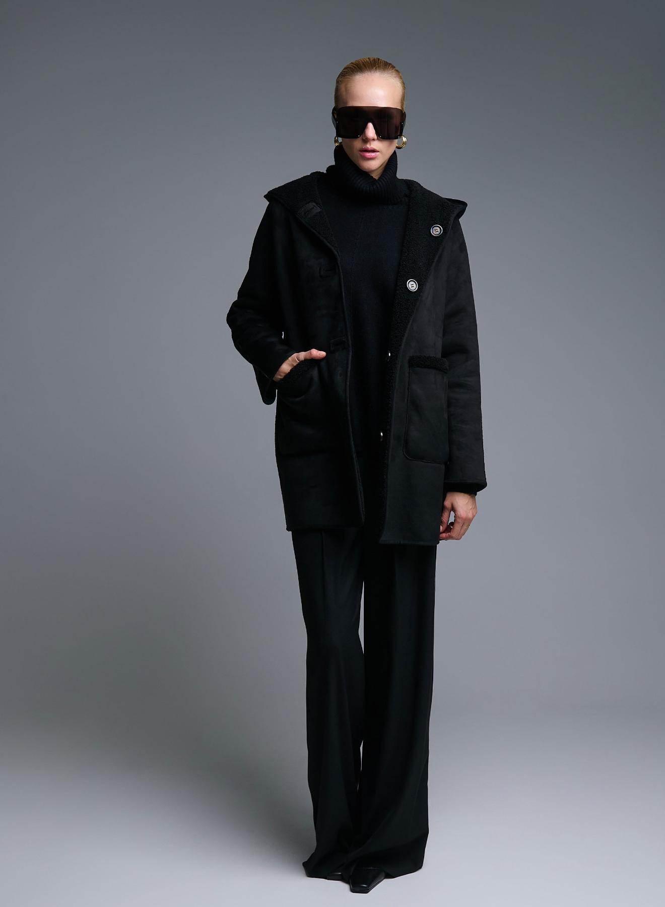 Black reversible Overcoat Mouton-Eco Fur with hood Emme Marella - 3