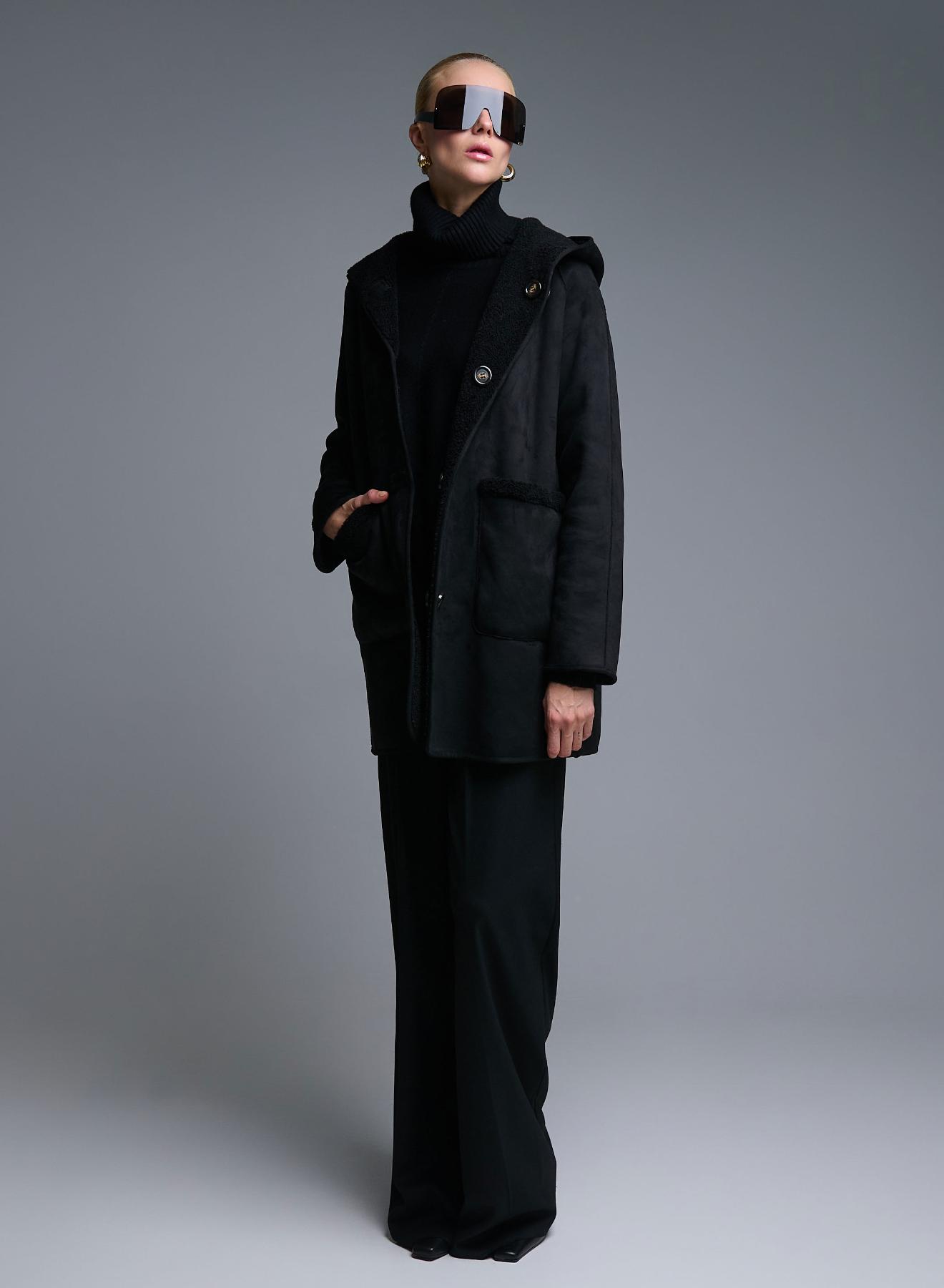 Black reversible Overcoat Mouton-Eco Fur with hood Emme Marella - 5