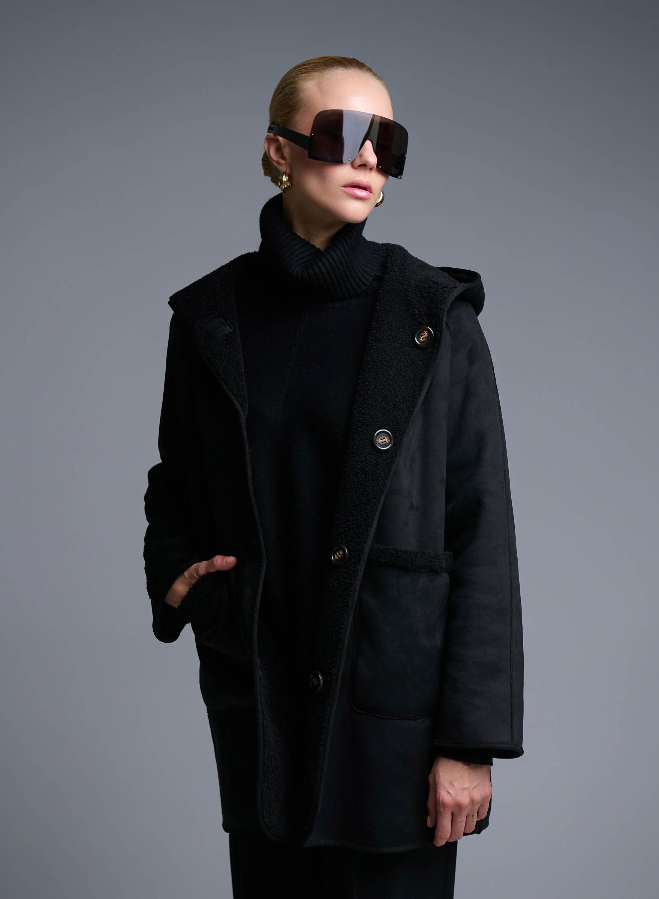 Black reversible Overcoat Mouton-Eco Fur with hood Emme Marella - 3